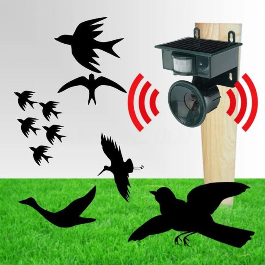 Wireless solar bird repeller, motion sensor activated sound deterrent. Outdoor animal repellent.