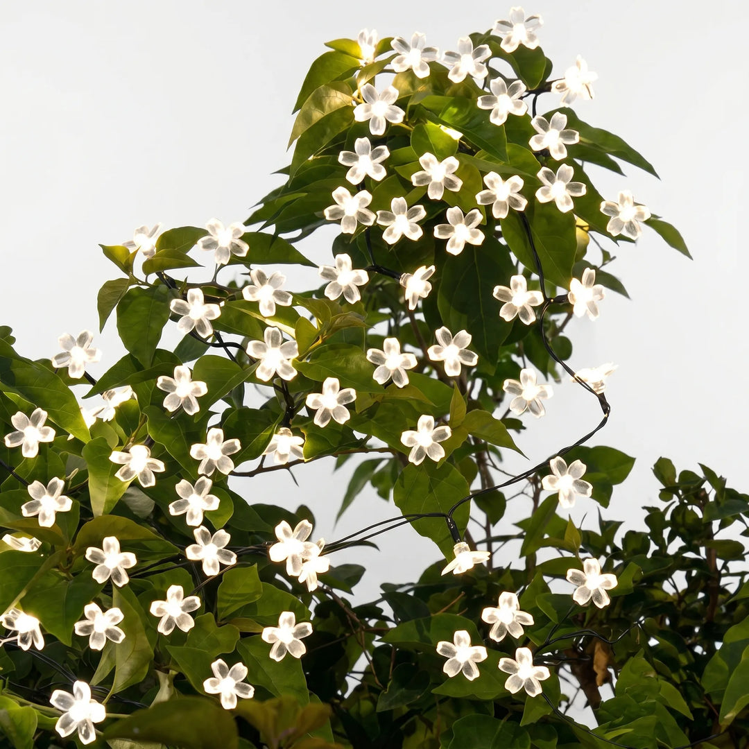 Weather-resistant solar LED blossom fairy lights, ideal for enchanting garden & yard ambiance.
