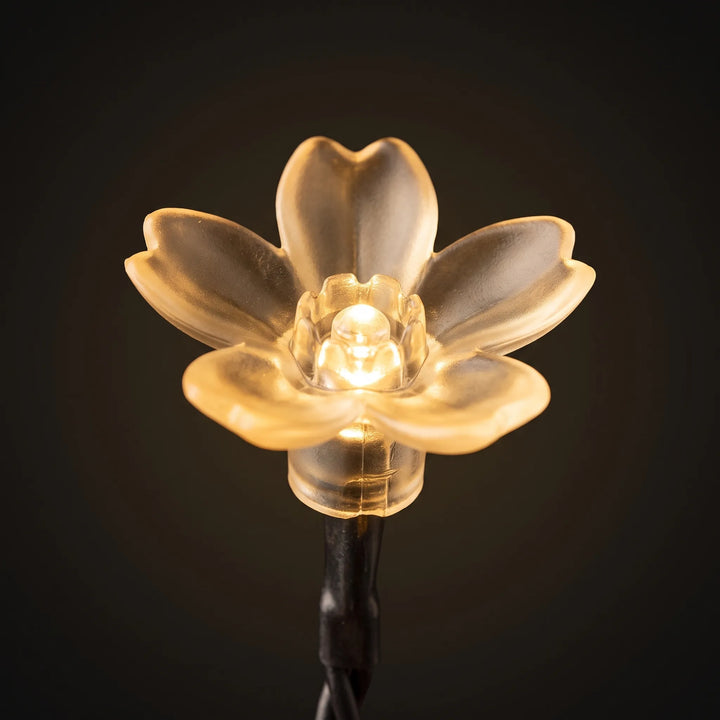 Close-up of delicate LED blossom string lights, solar-powered for magical outdoor garden decor.