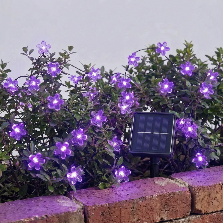 Long strand of solar-powered blossom LED string lights draped across an outdoor garden space.