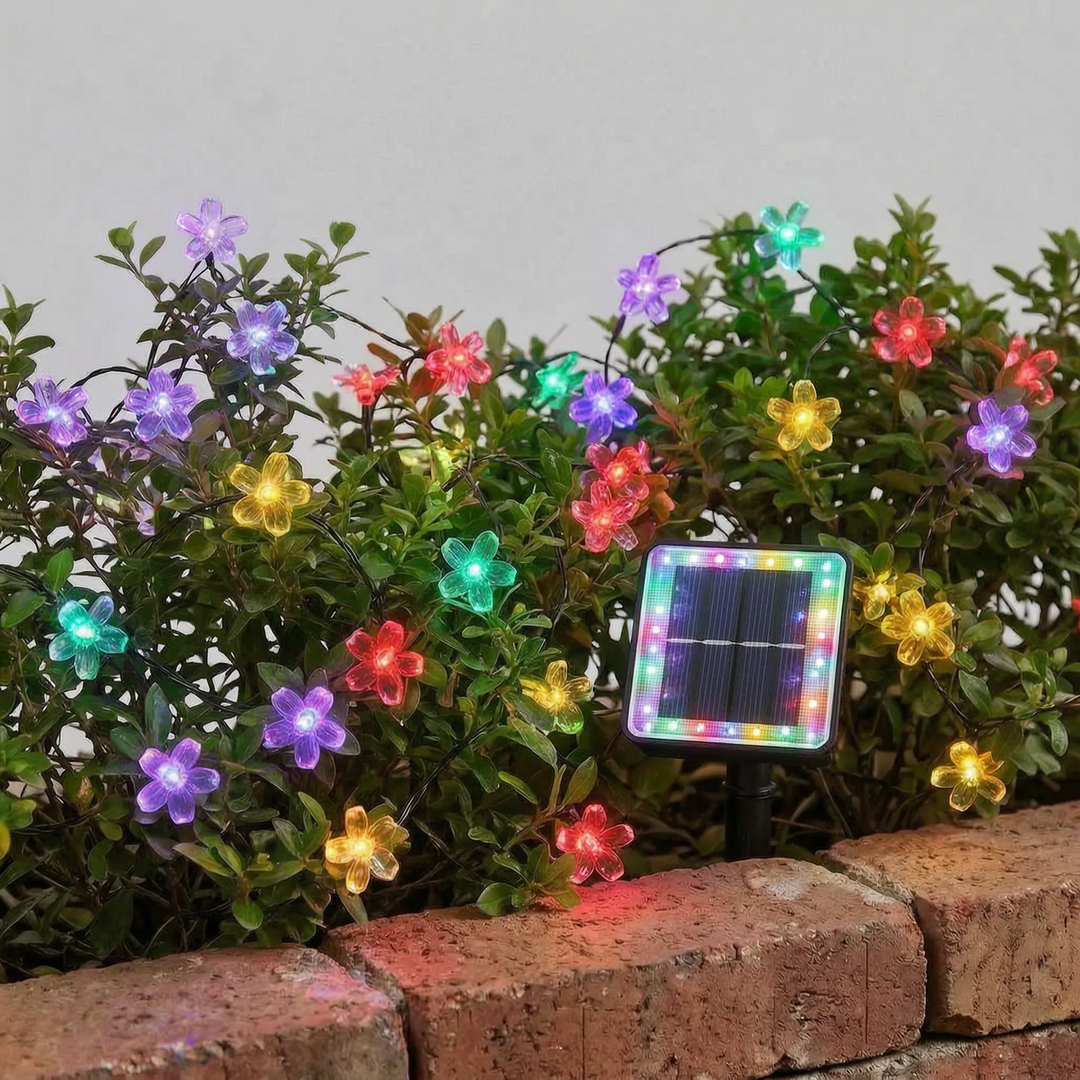Eco-friendly solar blossom LED string lights, weather-resistant for beautiful garden & patio illumination.