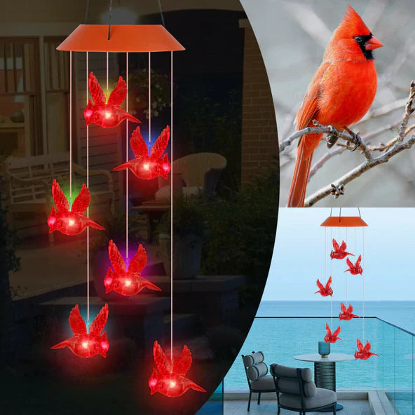 Solar Cardinal LED Wind Chime Light, color changing for garden, patio, or lawn decor