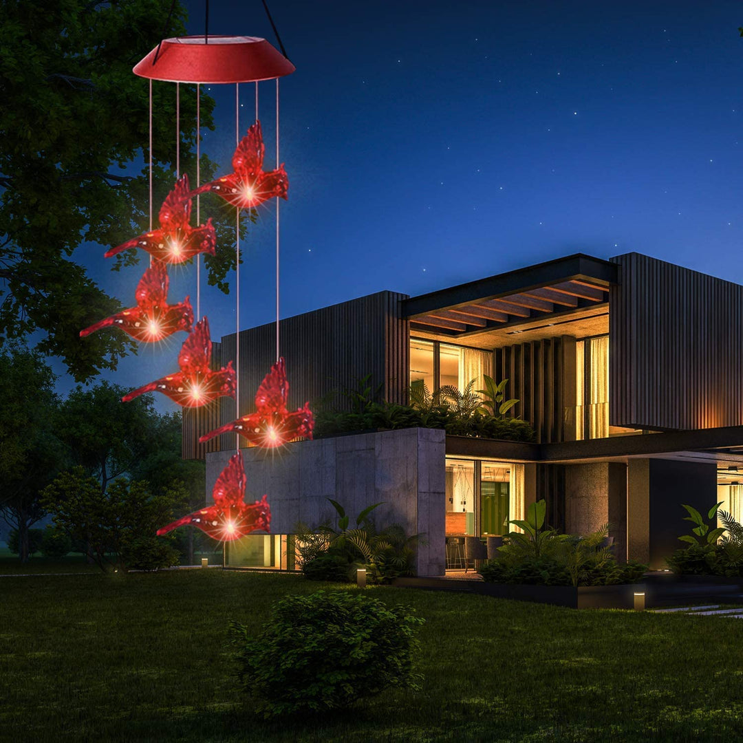Outdoor solar light wind chime featuring cardinals, color changing LED for patio ambiance
