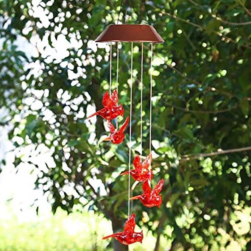 Cardinal-themed solar powered wind chime with LED lights, great for garden and lawn