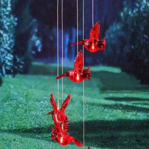 Weather-resistant solar cardinal LED wind chime, brings color changing light to your garden