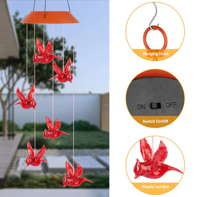 Charming cardinal wind chime, solar powered with integrated LED lights for garden decor