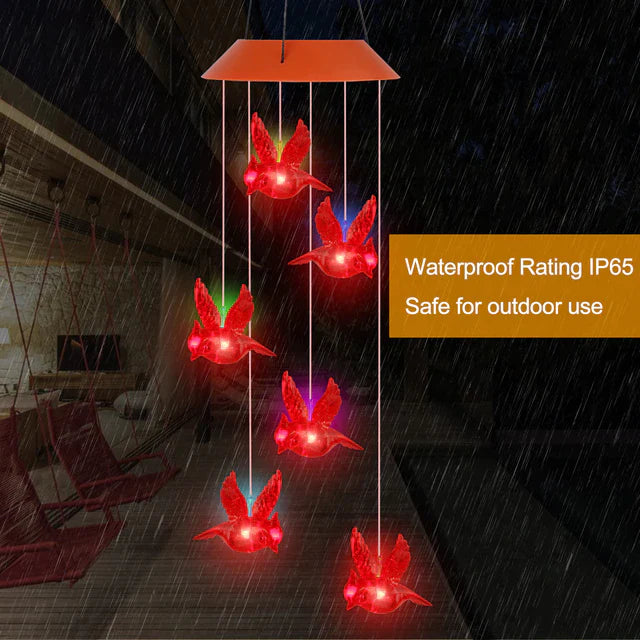 Solar garden light: cardinal wind chime with color changing LEDs for outdoor patio