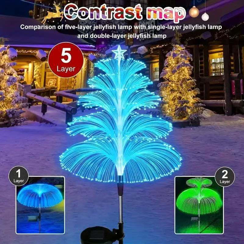 Christmas tree shaped solar pathway lights illuminating a garden, festive and durable