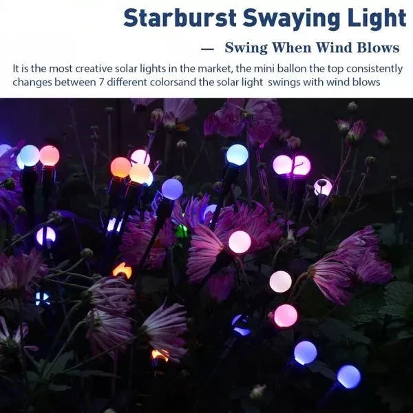 Collection of solar firefly garden lights swaying, bringing a whimsical starburst touch to outdoor decor.