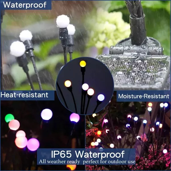 Pathway lined with solar firefly lights, providing soft outdoor lighting and enchanting garden decor.
