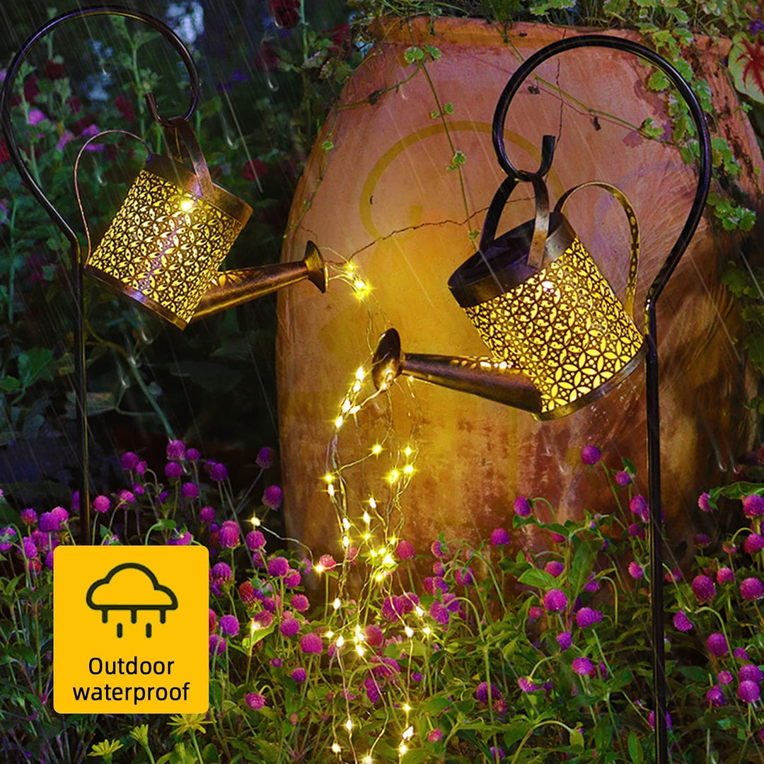 Unique solar-powered watering can with integrated fairy lights, ideal for enchanting garden decor.