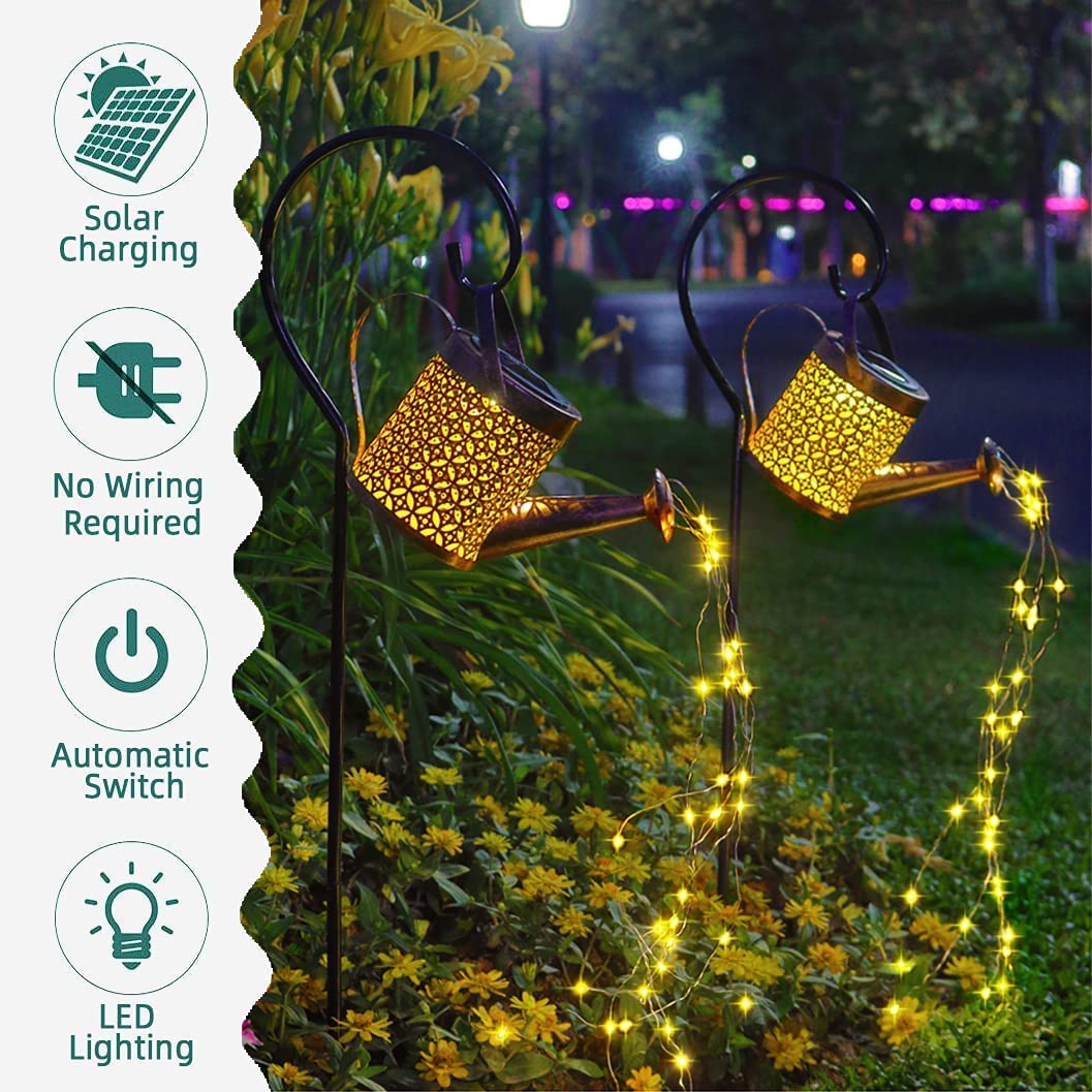 Outdoor lighting: solar watering can with bright fairy lights, provides ambient garden illumination.