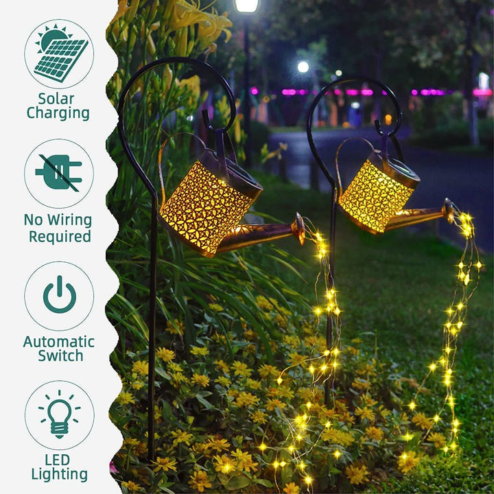 Outdoor lighting: solar watering can with bright fairy lights, provides ambient garden illumination.