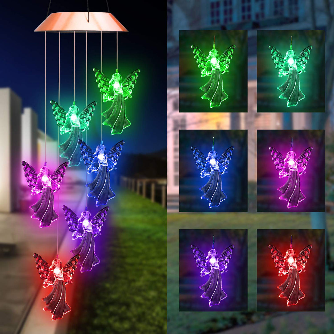 Solar powered angel wind chime with color changing LEDs, perfect garden accent & outdoor lighting