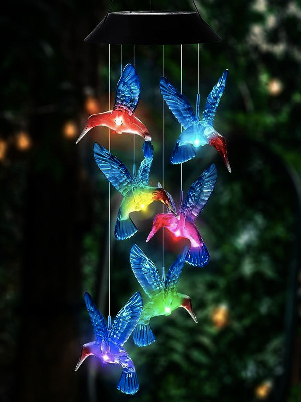Solar LED hummingbird wind chimes, color-changing for garden decor