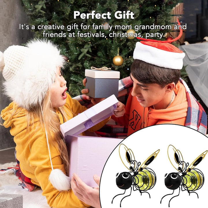 Whimsical solar bee figurine, designed to hang and glow, enhancing outdoor garden ambiance.