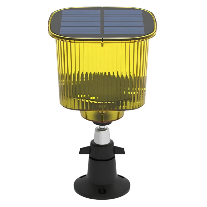Solar powered bird deterrent with motion sensor, alarm, and strobe light for garden protection.