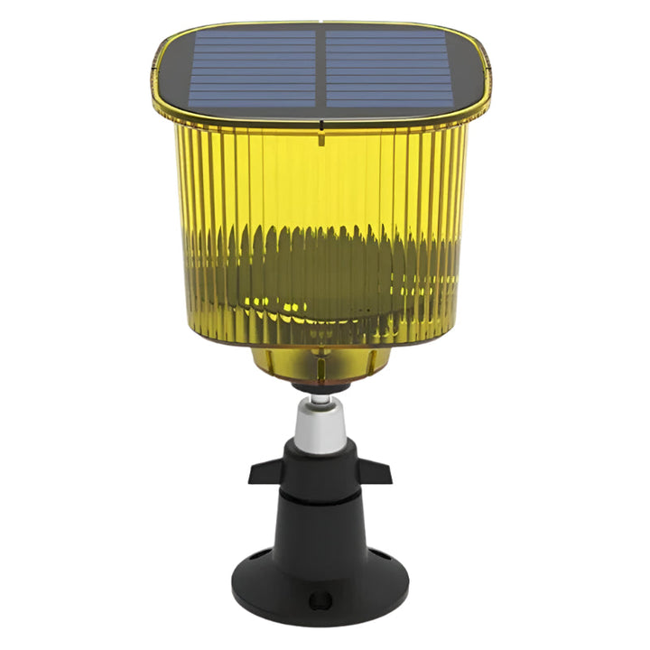 Solar powered bird deterrent with motion sensor, alarm, and strobe light for garden protection.