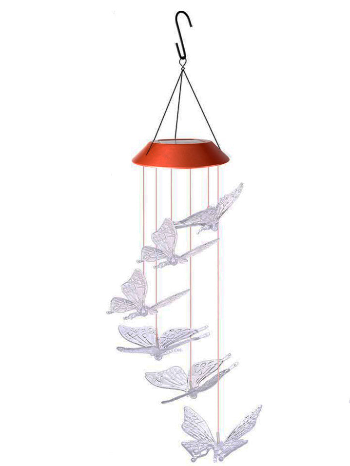 Closeup of a colorful butterfly solar light, featuring intricate wing details and soft illumination.