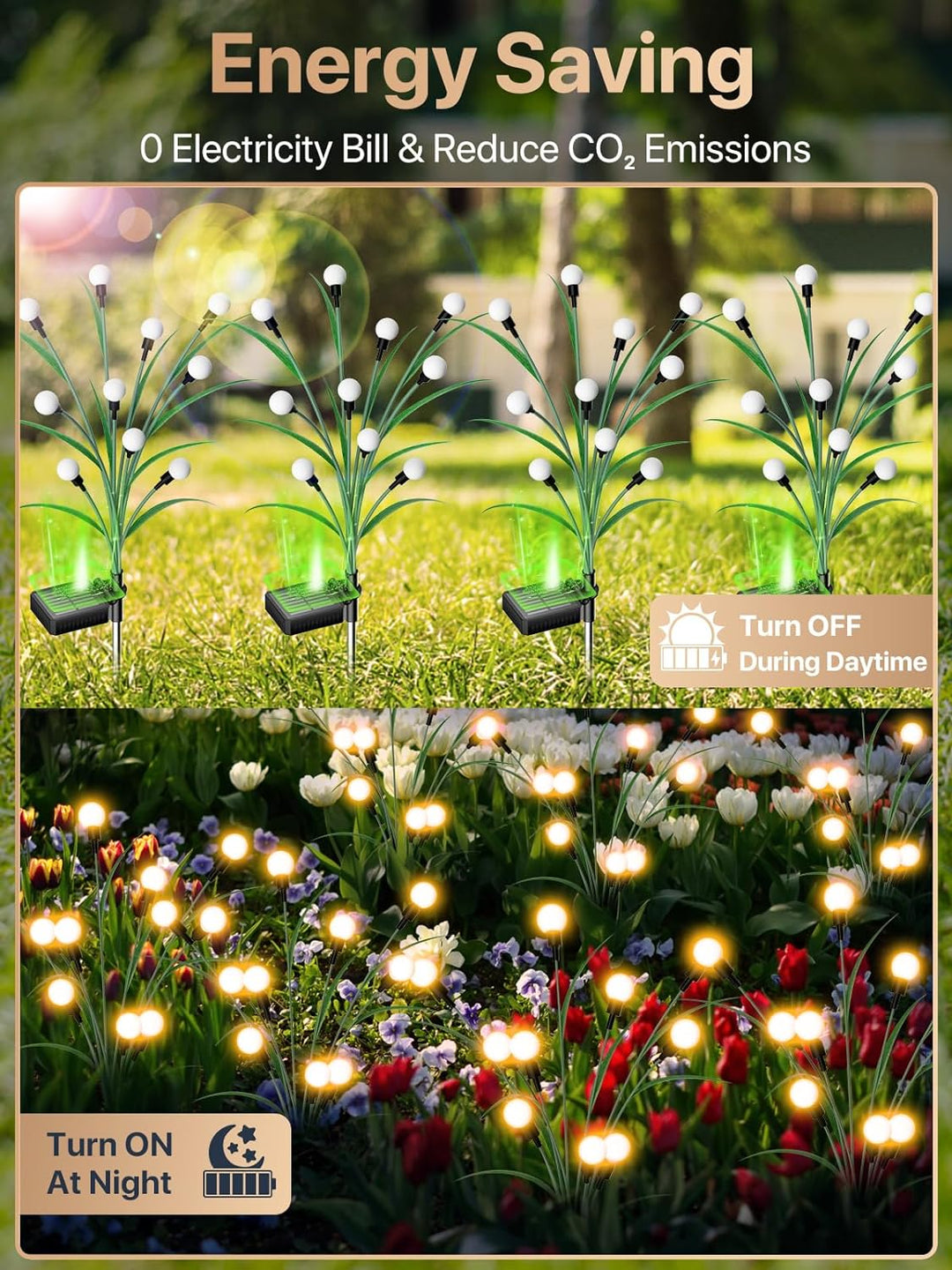 Lawn & garden solar firefly lights illuminate a pathway, showcasing energy-efficient LED technology