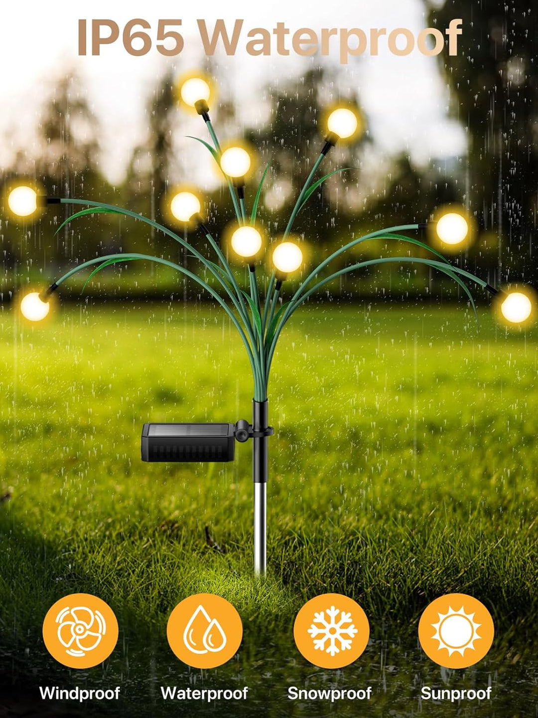 Set of solar powered firefly lights with glowing LED bulbs and artistic leaf design for garden ambiance