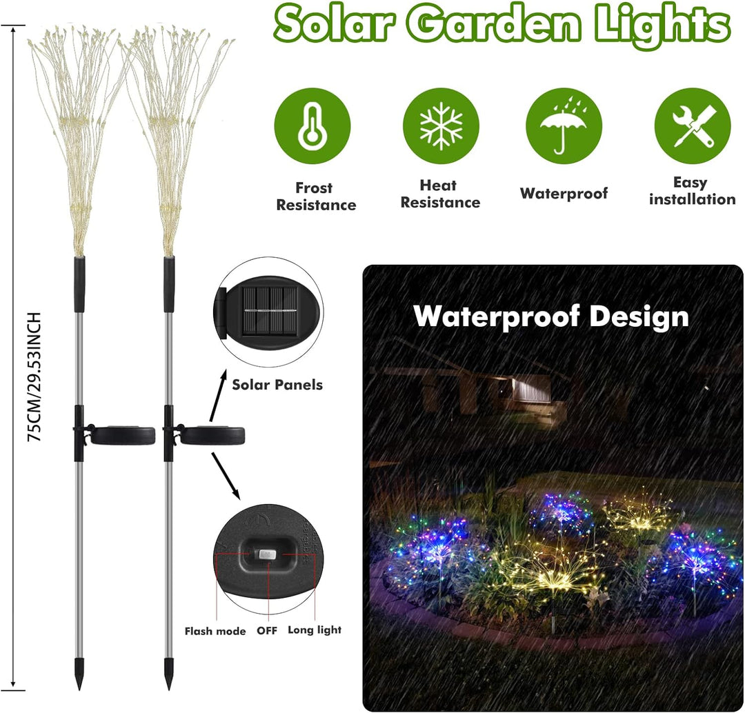 Solar firework lights with flexible wire strands, creating a dazzling display for garden landscape.