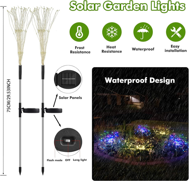 Solar firework lights with flexible wire strands, creating a dazzling display for garden landscape.