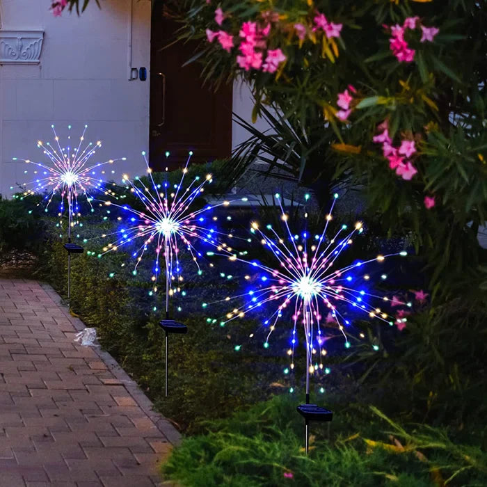 Close-up of the waterproof casing and intricate LED design of a solar firework garden light.