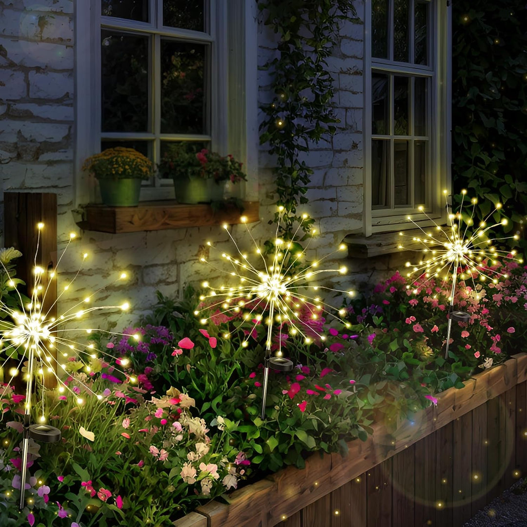 Close-up of a solar firework light with multiple LED strands, perfect for garden and patio decor.