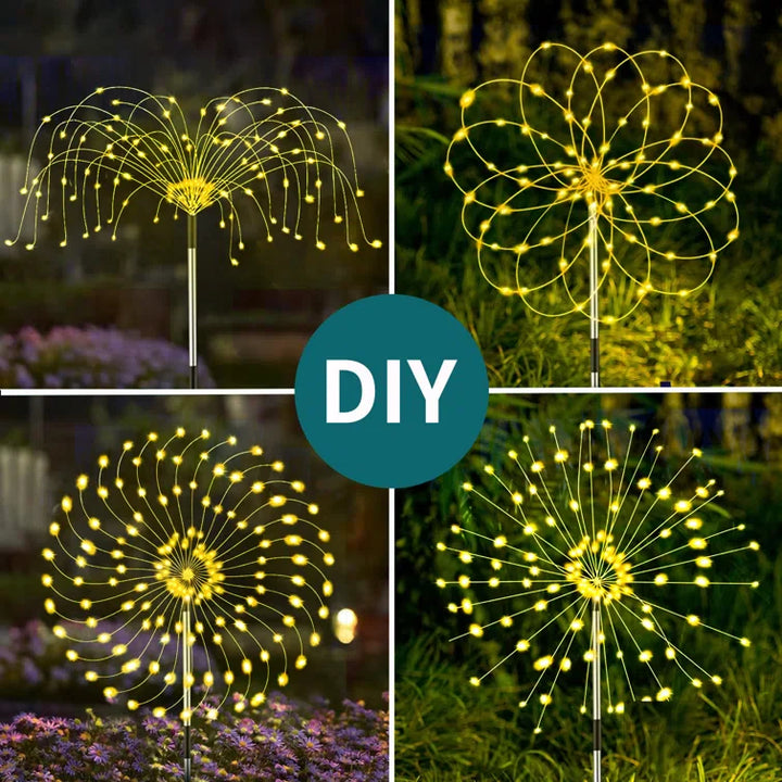 Detailed view of the solar panel and firework LED light assembly for garden and outdoor use.