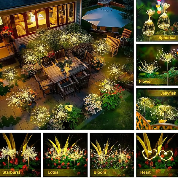 Vibrant firework garden lights glowing at night, powered by solar energy for eco-friendly decor.