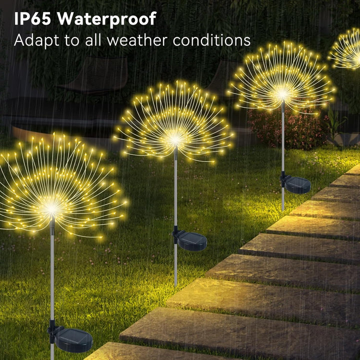 Outdoor garden scene with illuminated solar firework lights, ideal for patio and lawn decoration.