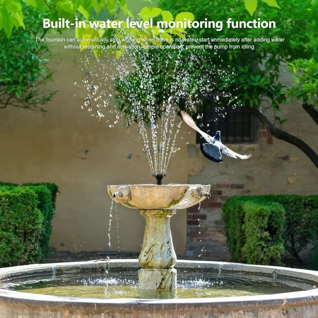 Outdoor solar powered floating fountain, enhances garden aesthetics and eco-friendliness