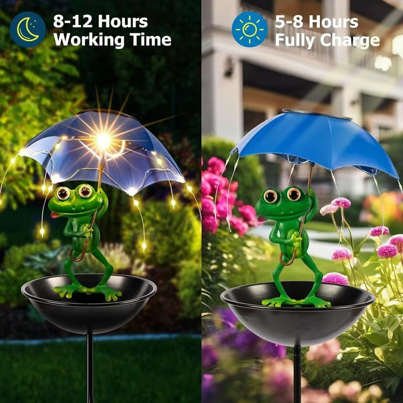 Decorative animal garden stake bird feeder with integrated solar LED for night illumination
