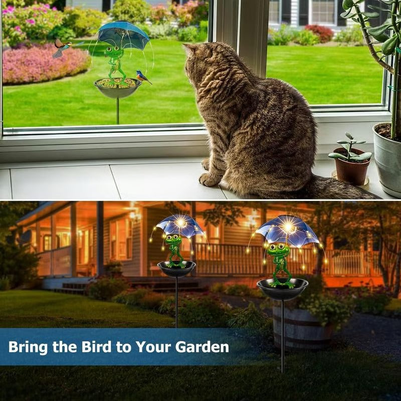 Lawn & Garden solar bird feeder with LED light, featuring charming animal stake design