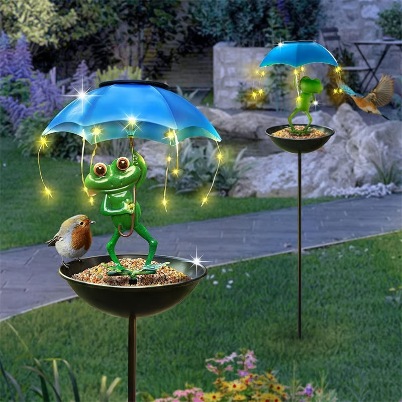 Bird feeder garden decor with solar powered LED light, ideal for attracting birds