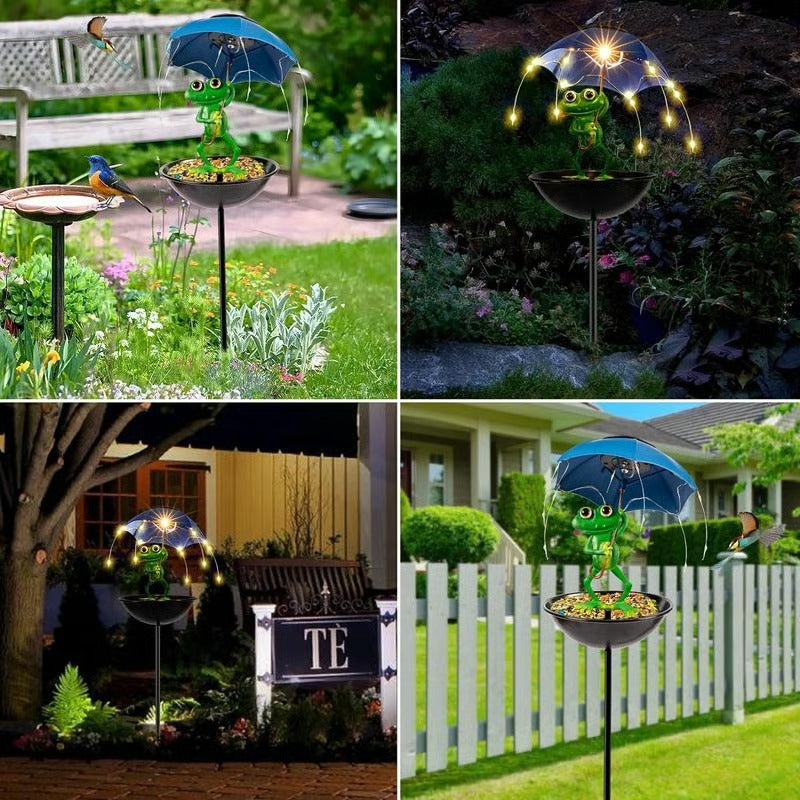 Stylish solar garden stake bird feeder with LED light, enhancing garden ambiance at night