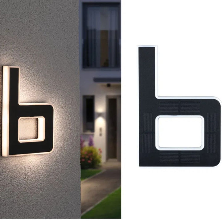 Solar powered illuminated house number, ideal for improving home exterior and visitor guidance.