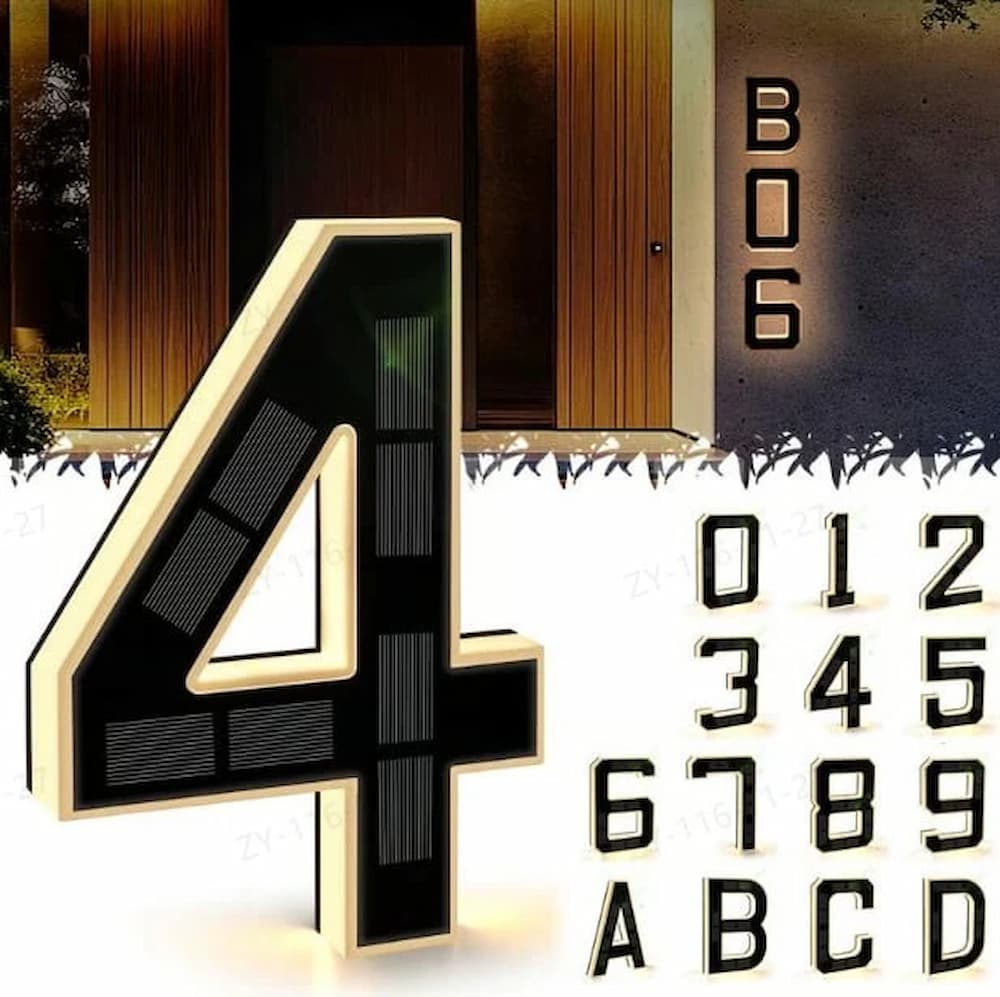 Weatherproof solar powered LED house number for reliable, always-on outdoor address display.