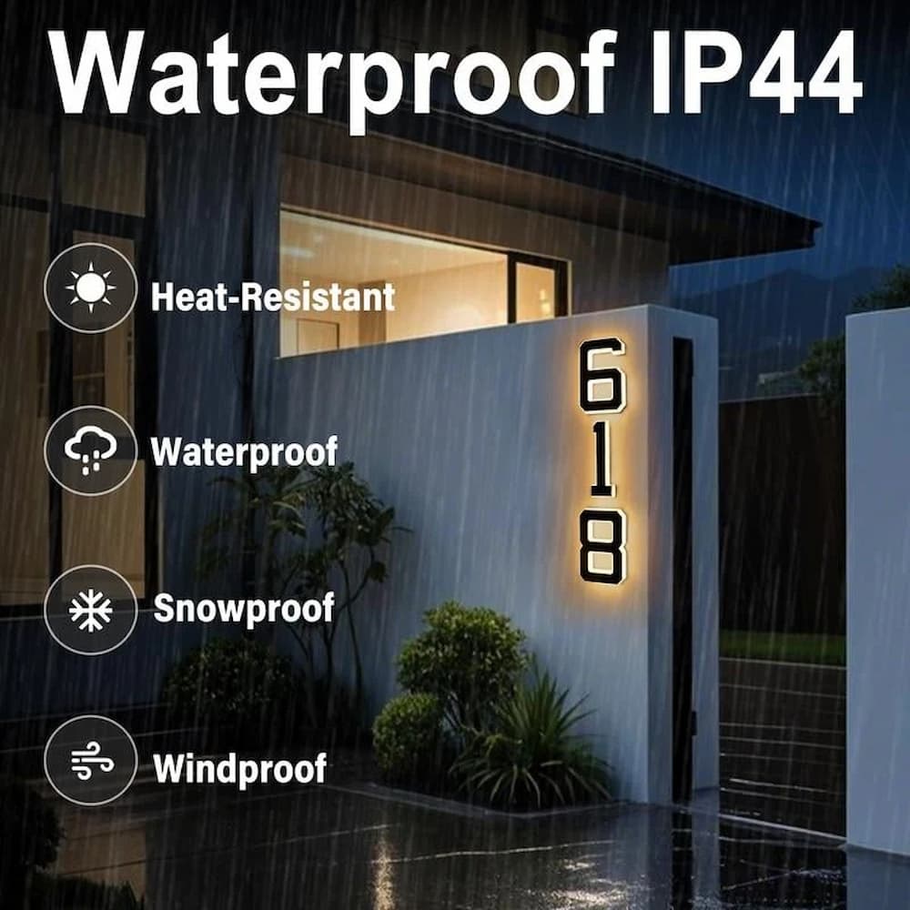 Easy-install solar powered LED house number, enhancing outdoor visibility and curb appeal.
