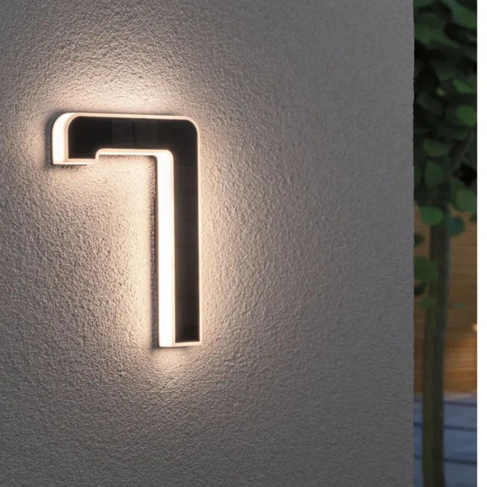 Clear visibility solar powered illuminated address for modern homes, easy to install outdoors.