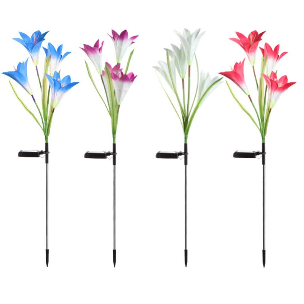 Garden stake lights featuring realistic lily flowers with solar LED illumination.
