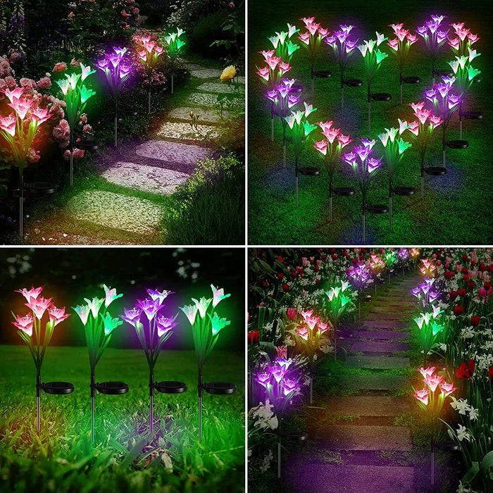 Close-up of a solar LED lily flower light showcasing its intricate design and bright glow.