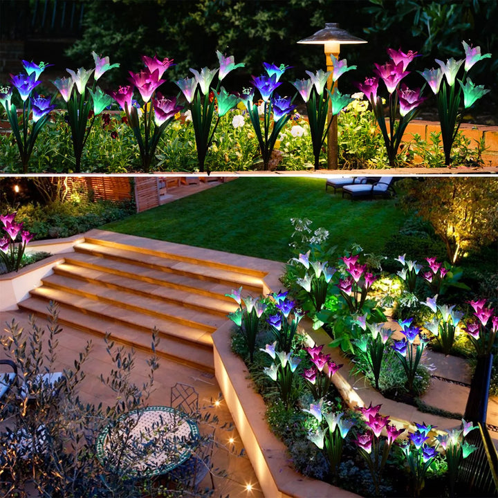 Outdoor garden decor: solar powered lily flower stake lights adding charm to any space.
