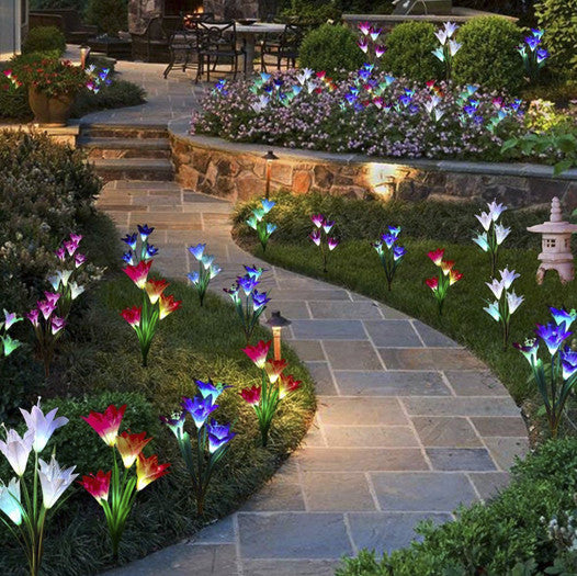 Set of solar LED lily lights designed for long-lasting, energy-efficient garden ambiance.