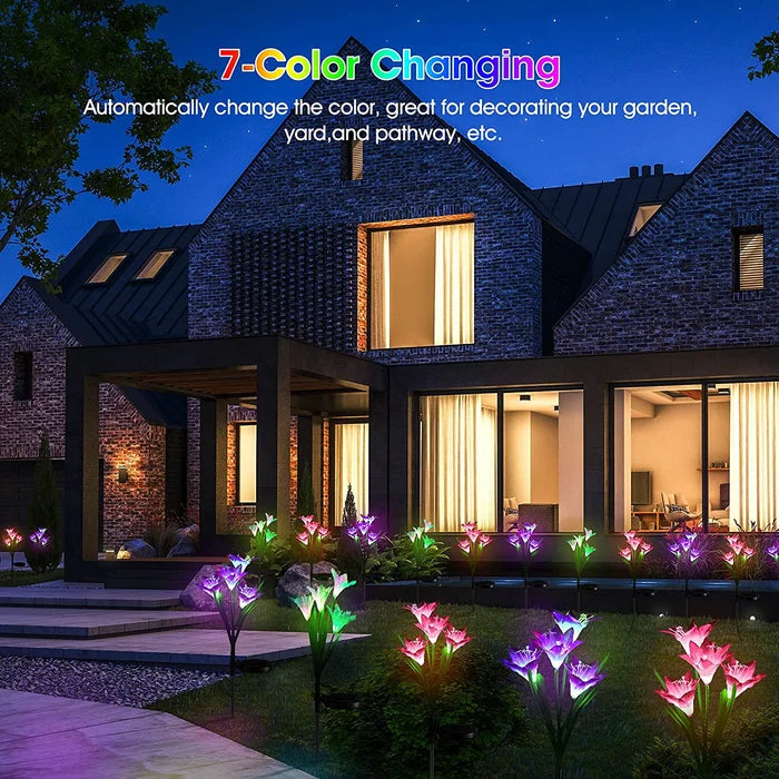 Energy efficient solar lily flower stake lights providing ambient patio lighting.