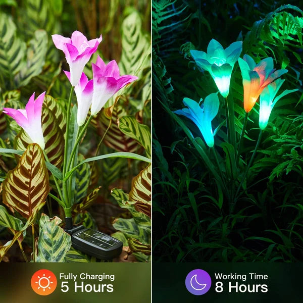 Waterproof solar powered lily garden stake lights glowing softly in a landscaped lawn.