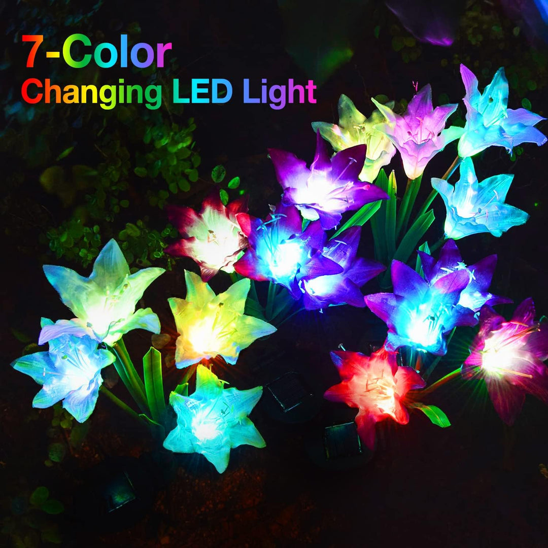 Detailed view of a solar panel integrated into a LED lily flower garden stake light.