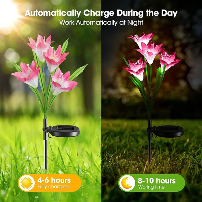 Eco-friendly solar powered lily flower garden lights, perfect for lawn and patio decor.