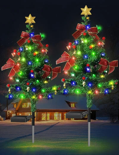 Solar Powered Outdoor Christmas Tree Stake Lights, ideal for festive garden and patio decoration